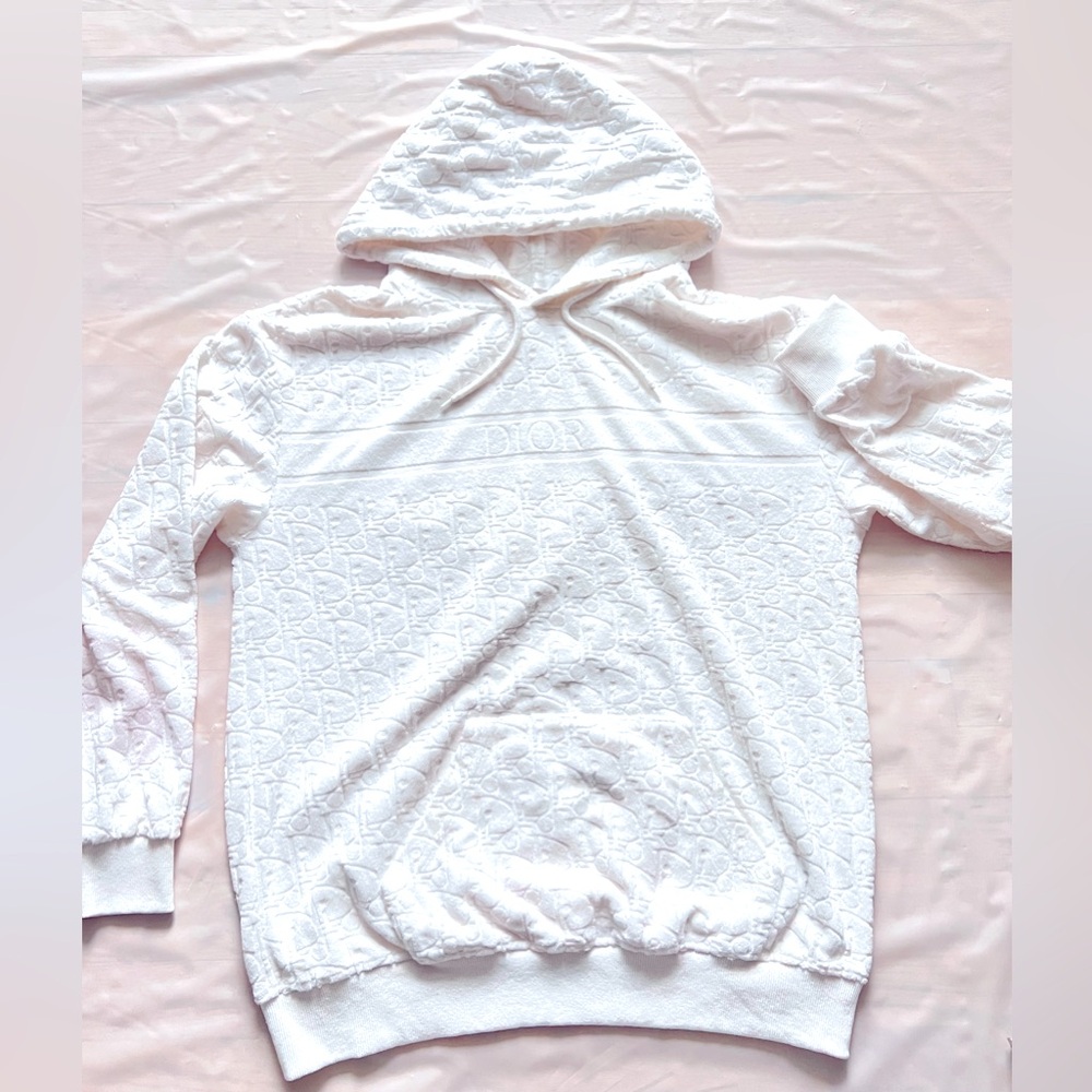 White Towel Hoodie Terry Cotton Jacquard With Motif pockets drawstring